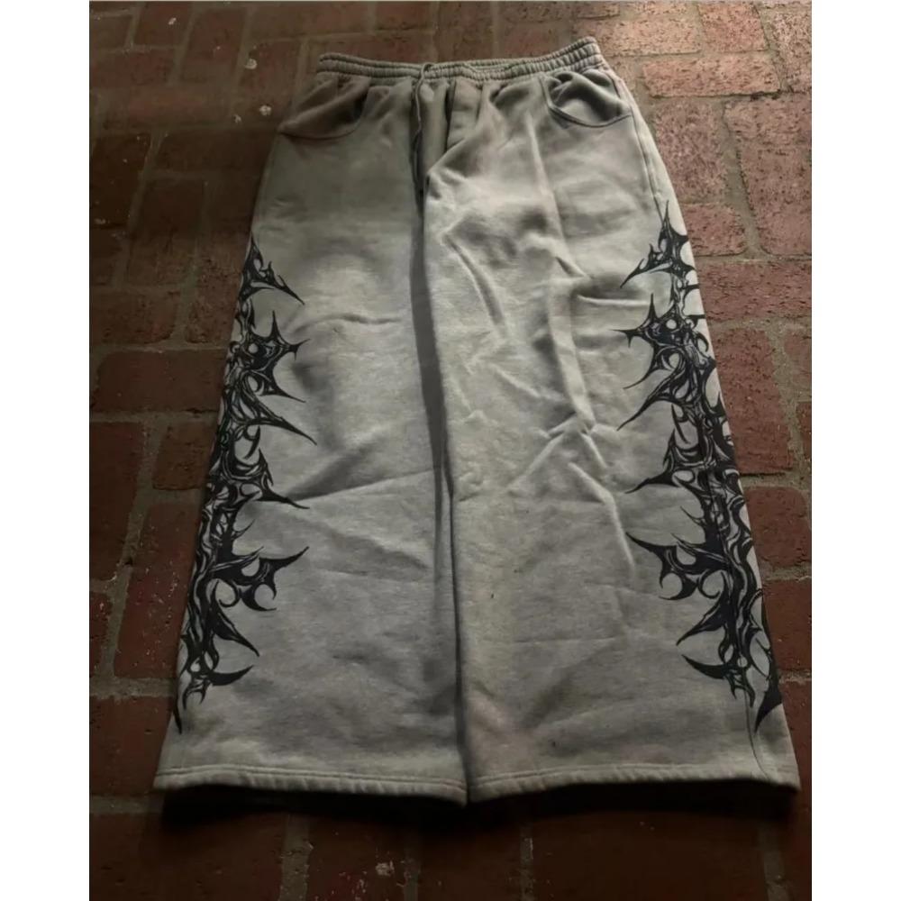 RogueWave Y2k Retro Casual Pants Harajuku Gothic Graphic Print Loose Elastic Waist Cotton Straight Trousers Men Women Hip Hop Street Wear