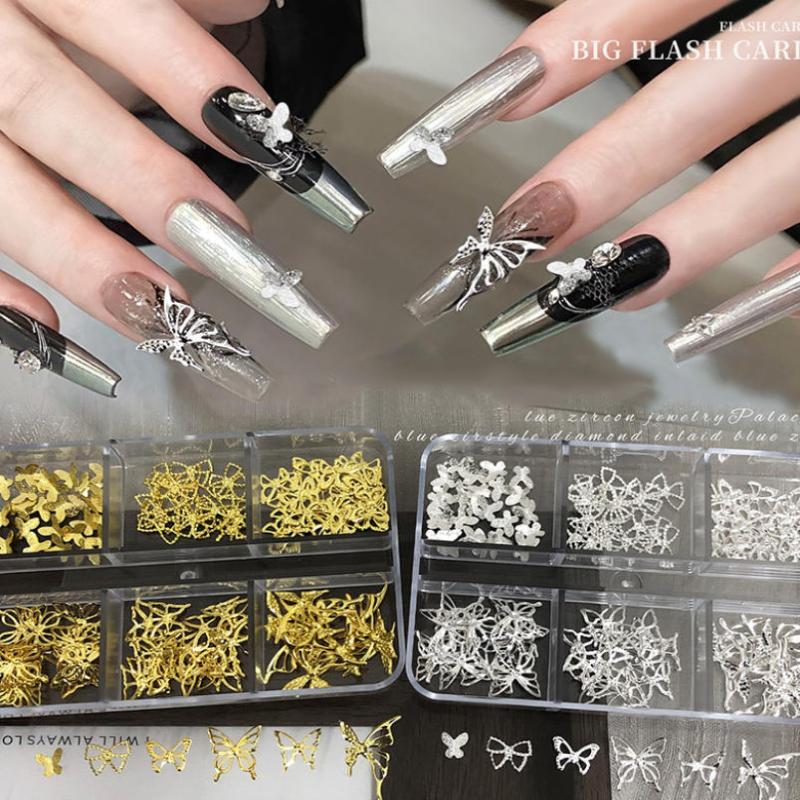 6Grids 3D Metal Stars Bowknot Butterfly Nail Art Charms Gold/Silver Starlight Rivets Nails Decorations Manicure Sequins Accessor