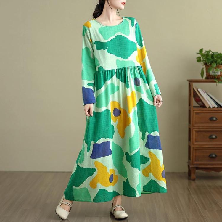 New Vintage Floral Maxi Dress Women Plus Size Spring Long Sleeve Loose Oversize Basic Long Dress