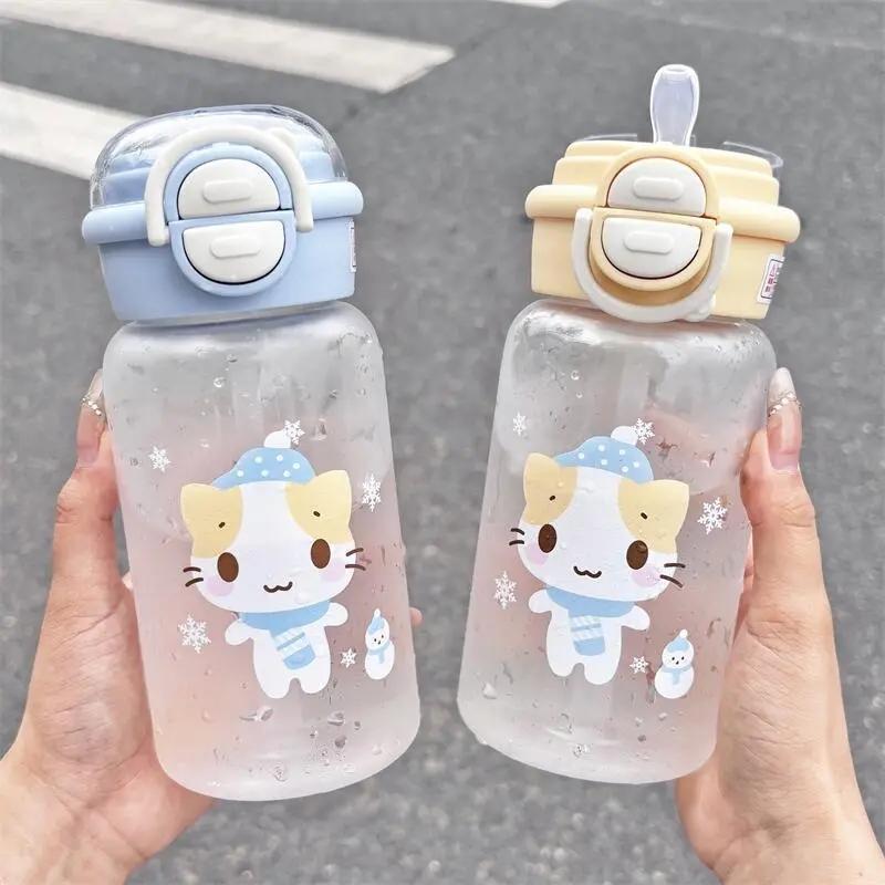 500ML Cute Cat Water Bottle With Lid Simple Straw Portable Plastic Cup For Kids Outdoor School Travel Drinking Water Bottles