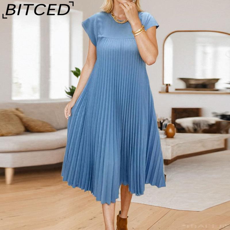 

BITCED Fall Women s Elegant Fashion O-Neck Sleeveless Pleated Maxi Dress XXXL небесно-голубой