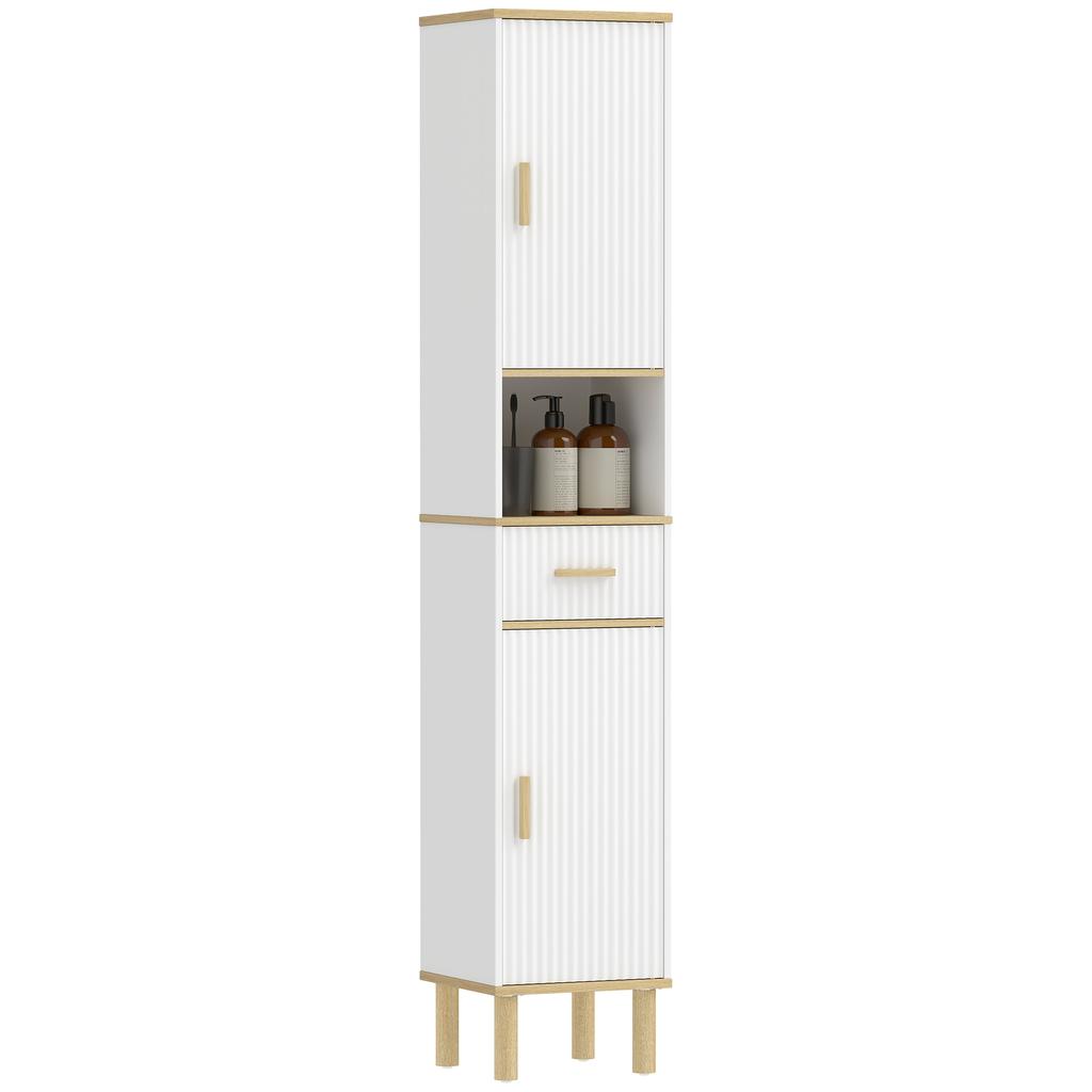 Bathroom Column Cabinet, Narrow Storage Unit with 2 Doors, Drawer, Open Compartment, White