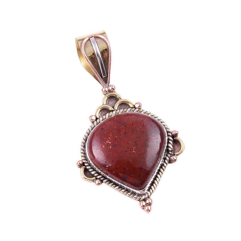 Natural Red Jasper Gemstone 925 Solid Sterling Silver TwoTone Pendant 1.50" A3z23