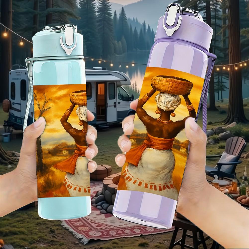 1PC African Woman Vase Head Art Print 750ml Color Plastic Sports Water Bottle Leakproof Flip Straw Lid Suitable for Sports Office Home Use