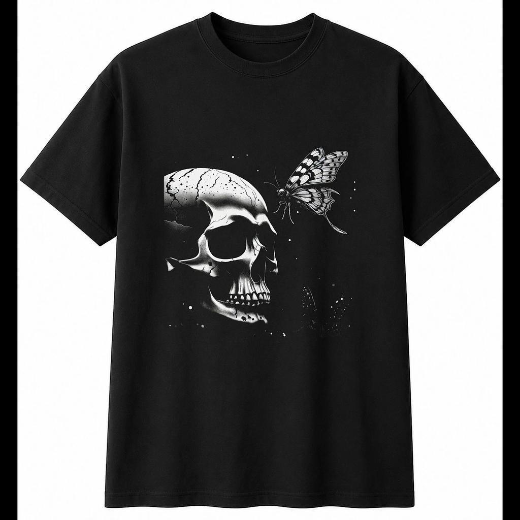 Greyscale Moth and Skull Mens T-Shirt Gothic Black 100% Cotton Printed Dark