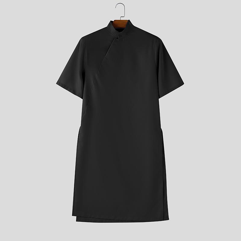INCERUN Summer Men Stand Neck Short Sleeve  Splits Casual Long T-shirts Tee