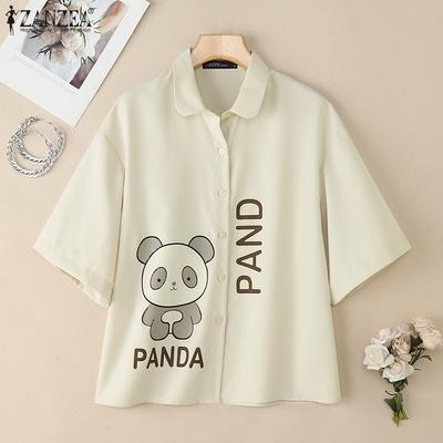 Women Turn Down Collar Summer Casual Short Sleeve Print Blouse