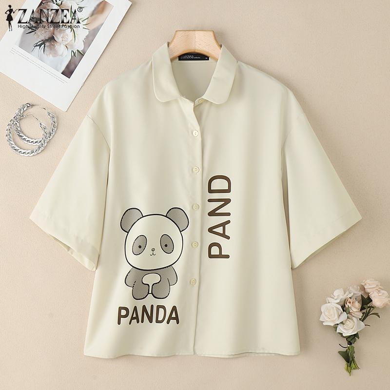ZANZEA Women Turn Down Collar Summer Casual Short Sleeve Print Blouse