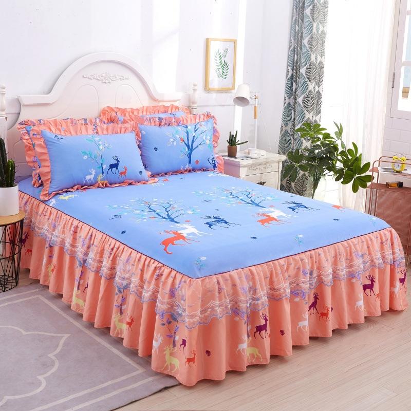 3PCS Printed Ruffled Soft, Comfortable and Breathable Bed Skirt (One Bed Skirt and Two Pillowcases, Excluding Pillow Core) Bed Skirt, Bedspread