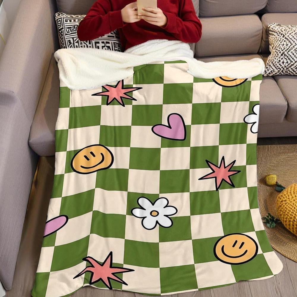 Checkerboard Cute Icons Flannel Blanket Warm Soft Halloween Christmas Couch Warm Cozy Decorative Decor Gift for All Season