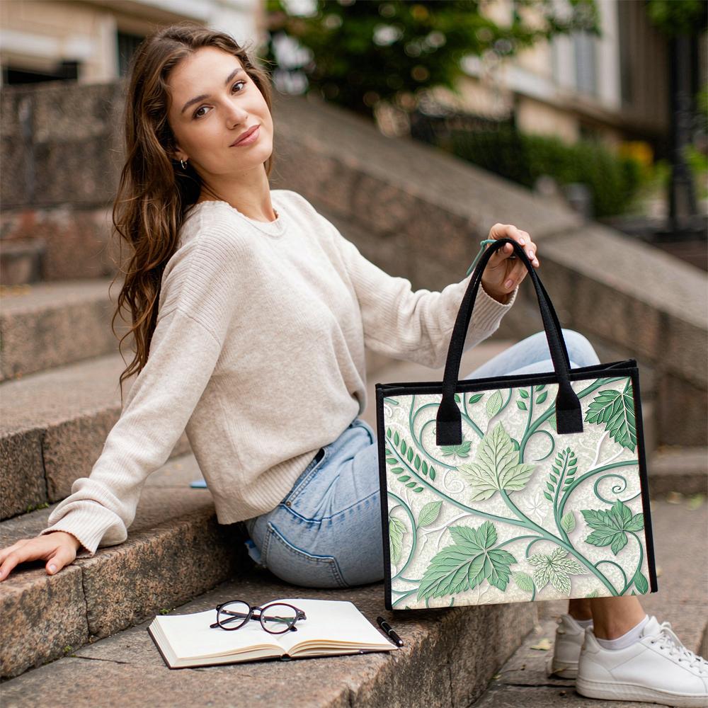 Elegant Green Leaf Print Tote Bag Large Daily Use Handbag for Women Casual Outdoor Travel Carry Shoulder Bag