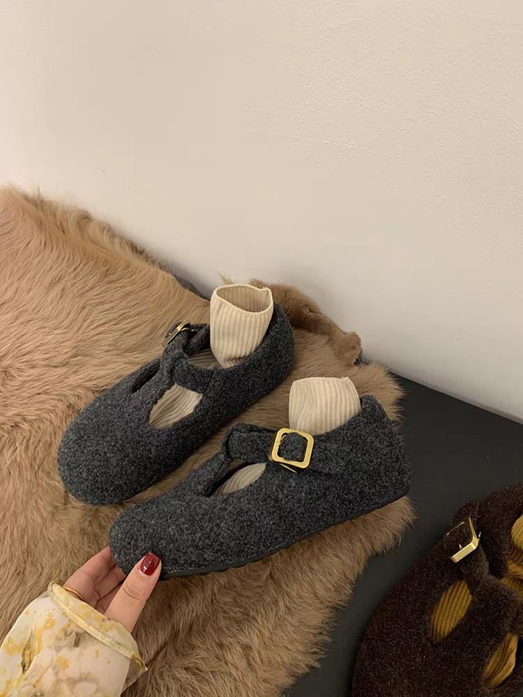 

2025 autumn and winter high-end gray woolen Mary Jane fluffy shoes women s shoes round head single shoes velvet cotton shoes 35