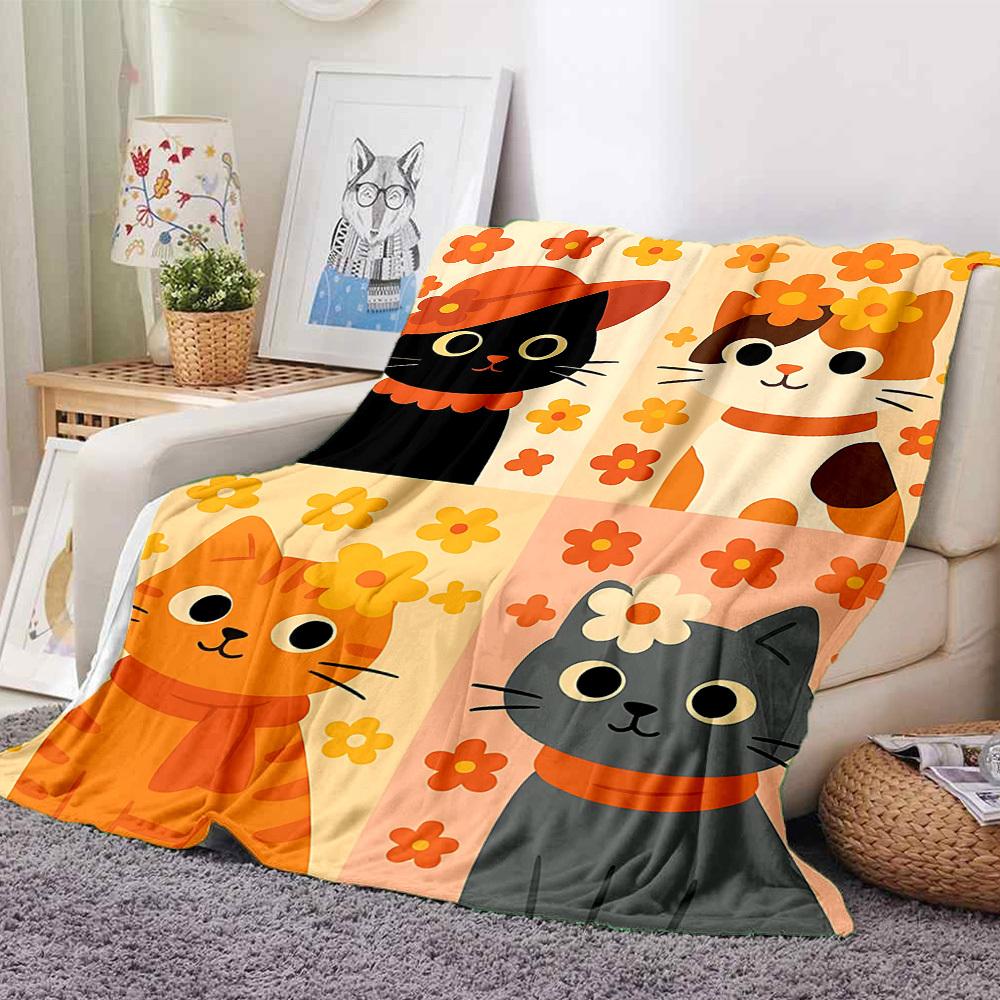 

1pc Floral Cats Print Blanket - Lightweight Flannel Blanket For Sofa, Bed, Living Room, Office, Outdoor Travel, Camping, Soft 069 130cmx150cm