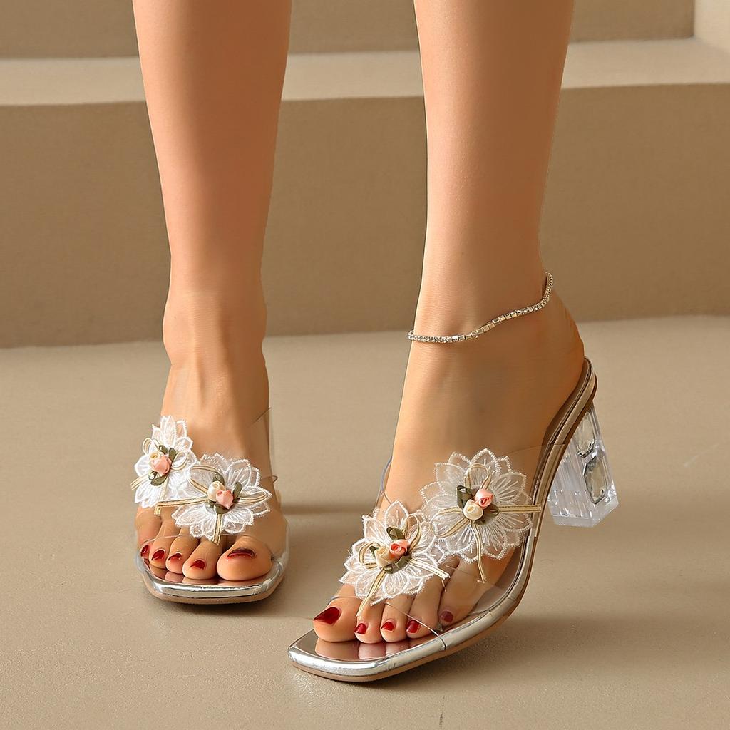 Crystal Square Heel Liangtuo Women's Fashion Square Toe Shallow Mouth Sheer Strap Flower Non-Slip Wear-Resistant High Heels