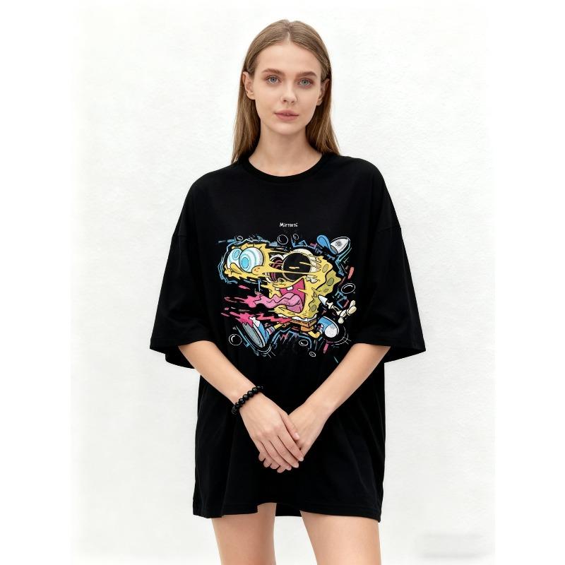 Oversized T-Shirt Black SpongeBob SquarePants Graphic Print With Text MICHIN For Casual Wear Street Style Fashion