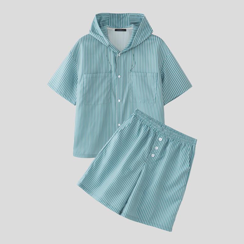 INCERUN Two Piece Sets Men Short Sleeve Striped Hooded Shirts Shorts Outfits