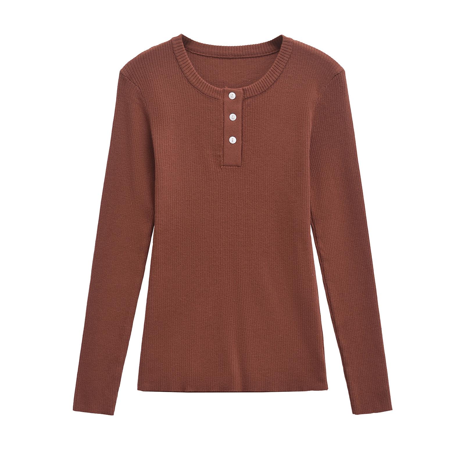 

Женская осенняя футболка 2024 года в европейском и американском стиле, на пуговицах, в рубчик, с круглым вырезом и длинным рукавом Medium красный