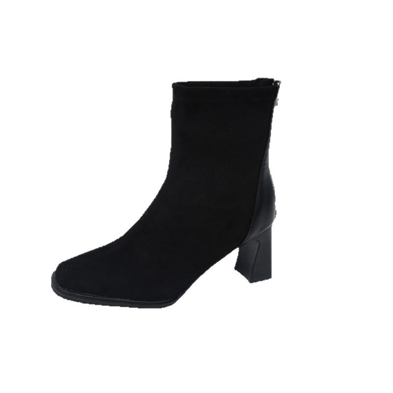 Large Size Square Toe Suede High-heeled Fashion Boots 2025 Winter New Retro Slim Elastic Skinny Boots for Women