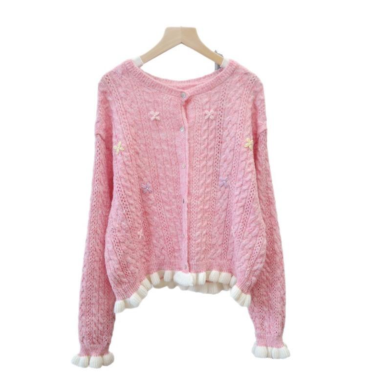 Autumn New Embroidered Loose Ruffle Edge Design Sense Knitted Cardigan Soft Waxy Sweet Sweater Jacket Women