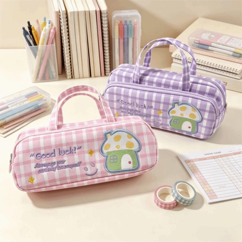 Double Layer Pencil Case Plaid Pattern Stationery Holder Durable Pencil Box School Stationery