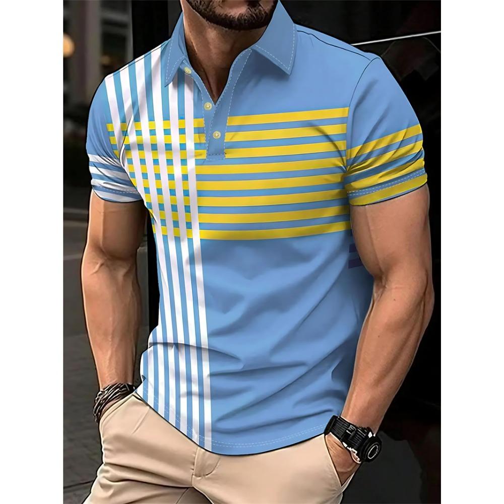 Simple Striped Polo Shirts For Men Summer Casual Short Sleeve 3D Printed Business Polo Shirt Loose Breathable Daily Wear Tees