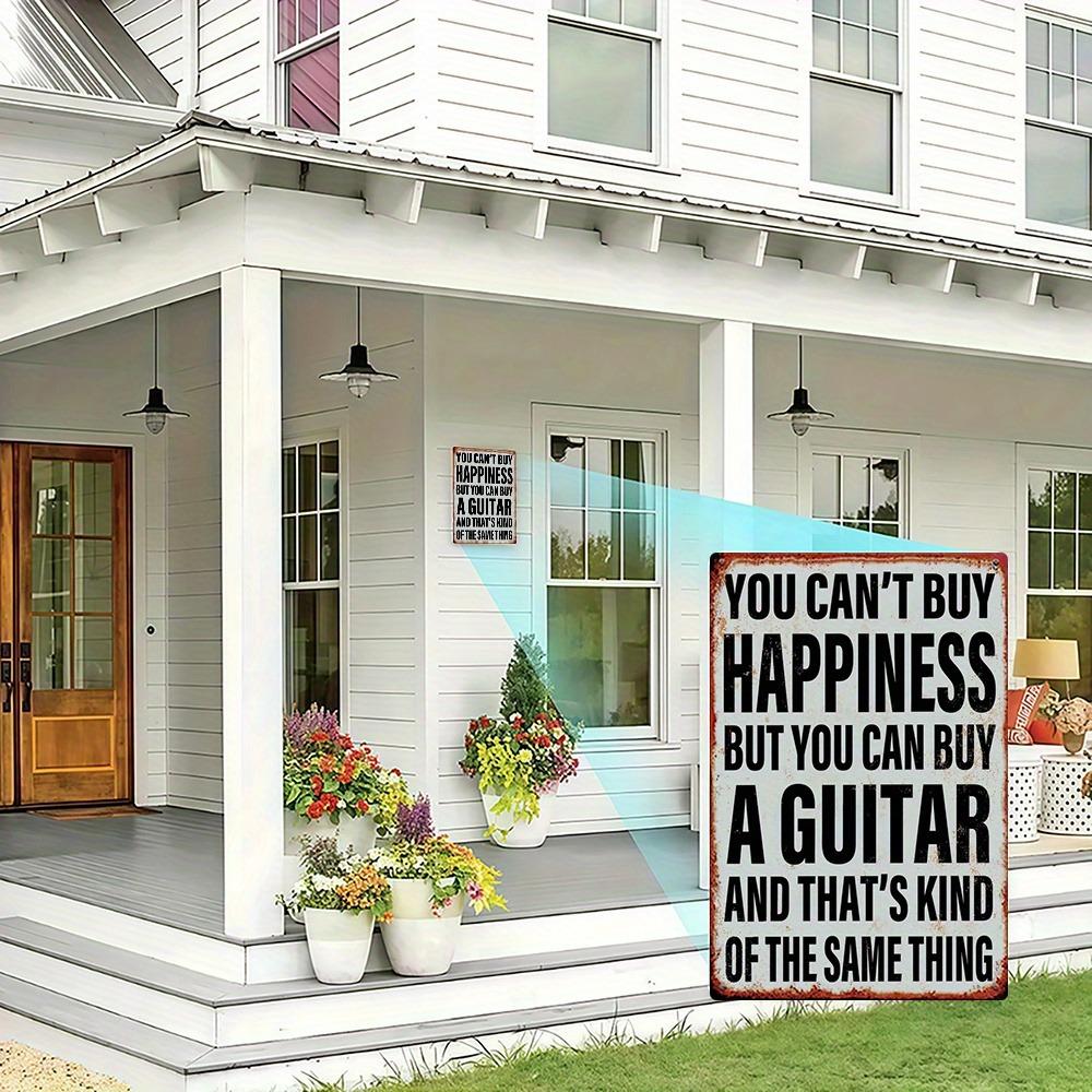 Vintage Metal Guitar & Happiness Poster Wall Art, 8x12 Inch Laser-Cut Decor for Living Room/Office, Humorous Iron Gift for Music
