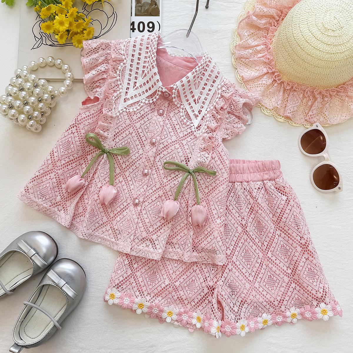 Girls Summer Doll Collar Lace Set: Tulip Puff Sleeve Top & Daisy Lace Trim Shorts 90cm