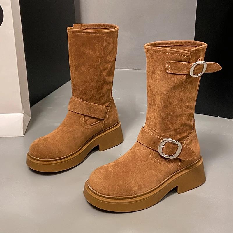 Women Western Cowgirl Boots Fashion Belt Buckle Shoes Autumn Winter Thick Heel Women's Mid Calf Booties  Women Shoes