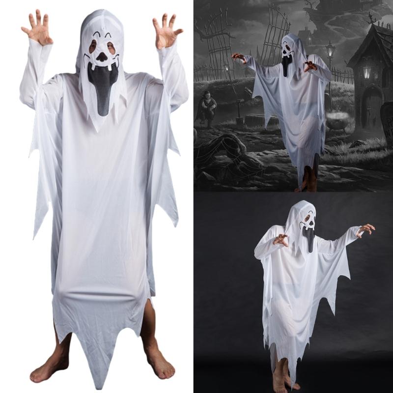 Adult Scary Smiling White Dress with Scary Face, Men Womens Halloween Cloak Cape for Cosplay Photo Props
