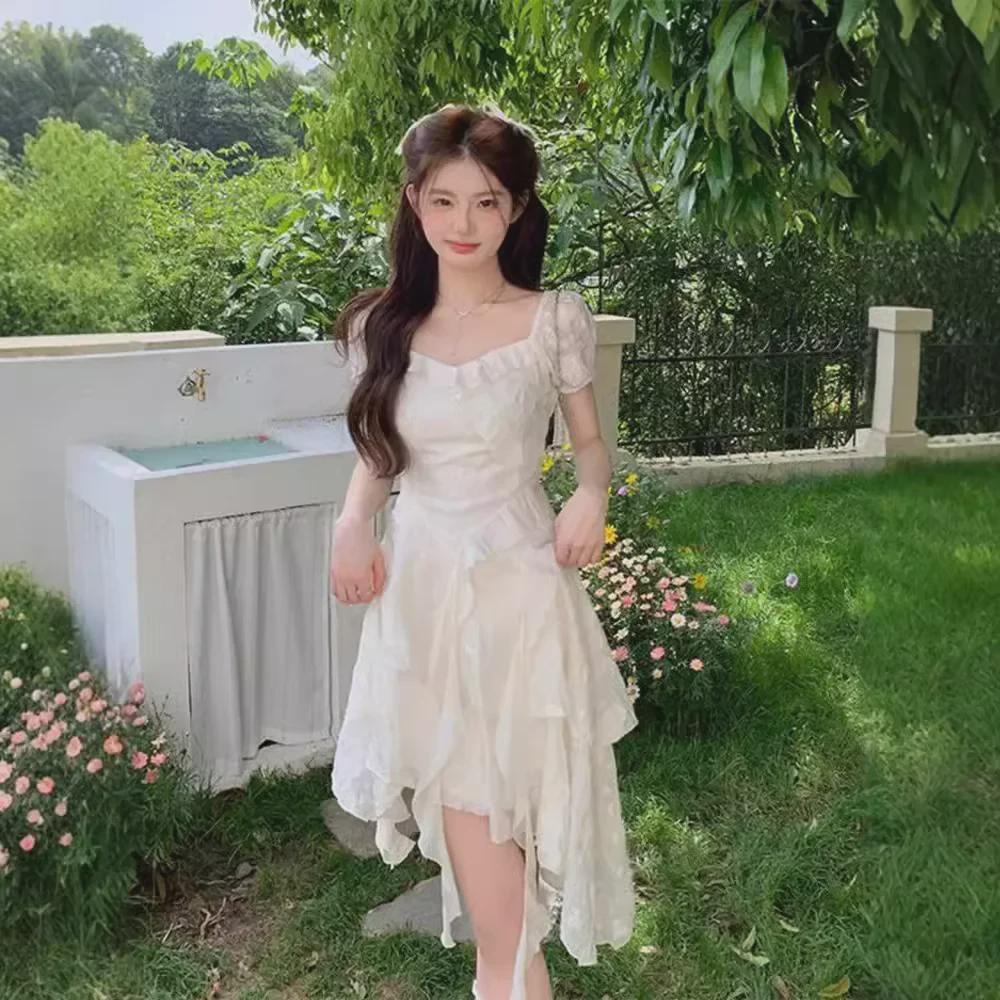 Summer 2024 Women's Fairy Ruffle Irregular White Dress - French-Inspired Design