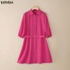 VONDA Women Casual Lapel Neck 3/4 Sleeve Slim Waist Pleated Mini Dress