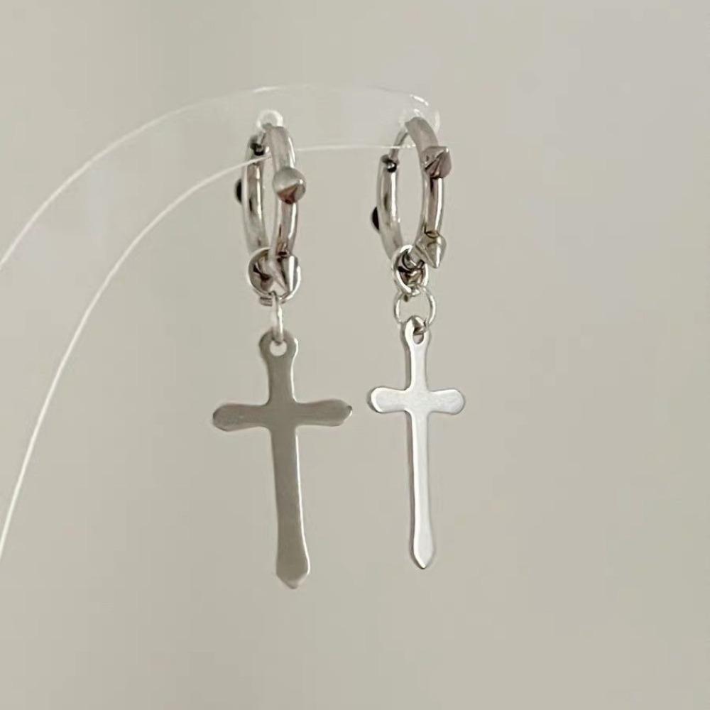 Trend Personality Geometry Sliver Color Cross Pendant Rivet Hoop Earrings for Women Men Gothic Punk Piercing Jewelry Accessory