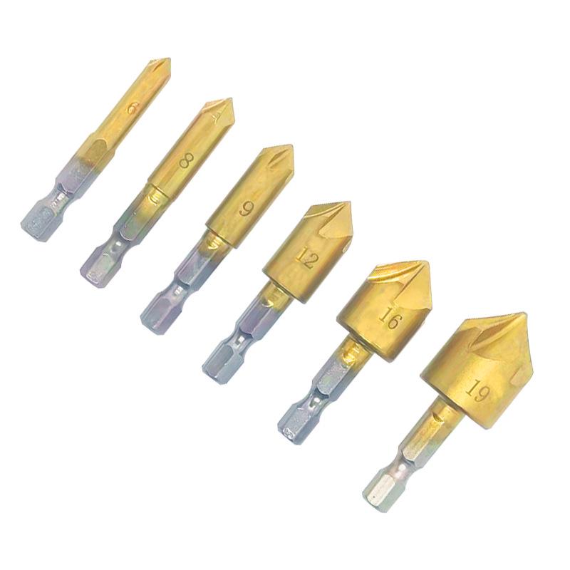 6-Piece Titanium-Plated 5-Flute Countersink Set with Hex Shank (6-19mm)