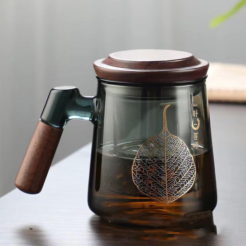 CH Thickened Walnut Wood Glass Tea Infuser Cup 500ml