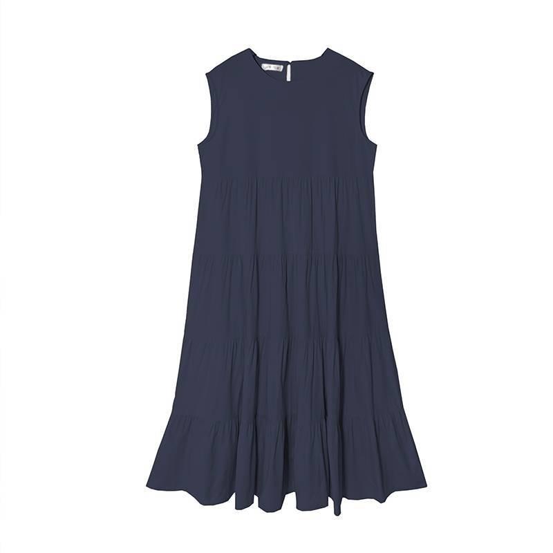 Patchwork Solid Color Long Skirt Sleeveless Commuter Crew Neck Dress