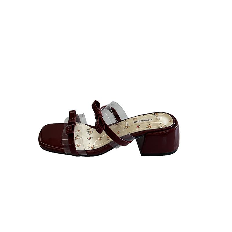 Fashion Fairy Style Bow Slippers Women's Block Heel New Summer Round Head with Skirt French Beautiful Mid-heel Flip-flops