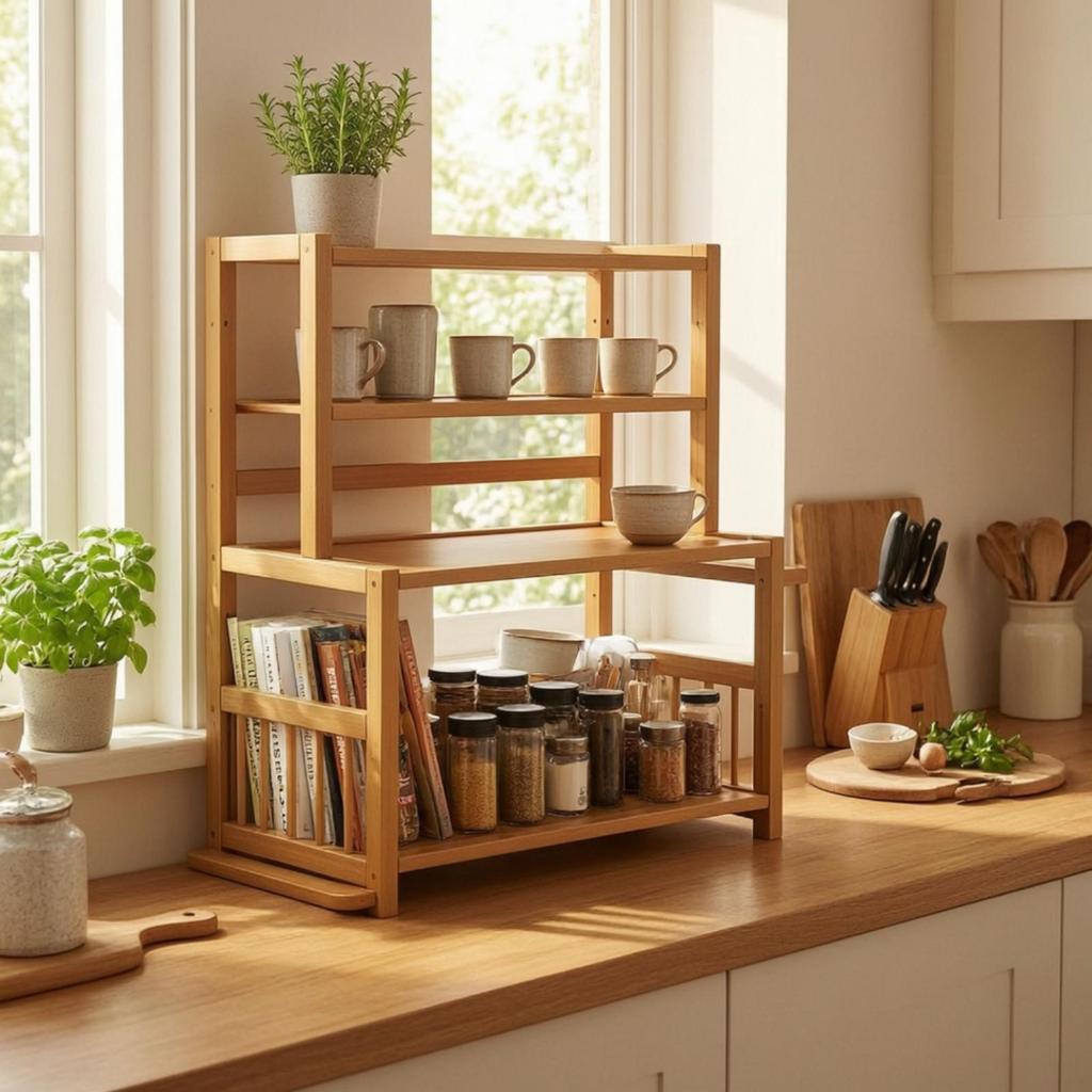 Countertop Shelf Organizer Space-Saving Kitchen Rack Tiered Wooden