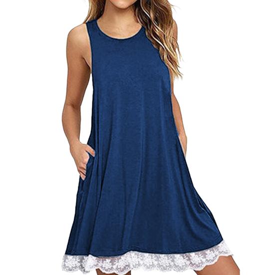 Vestito Estivo da Donna con Tasche Laterali Bordo in Pizzo Linea ad A Senza Maniche Girocollo Monocolore Mini Abito Estivo Corto per Spiaggia Appuntamenti Uso Quotidiano