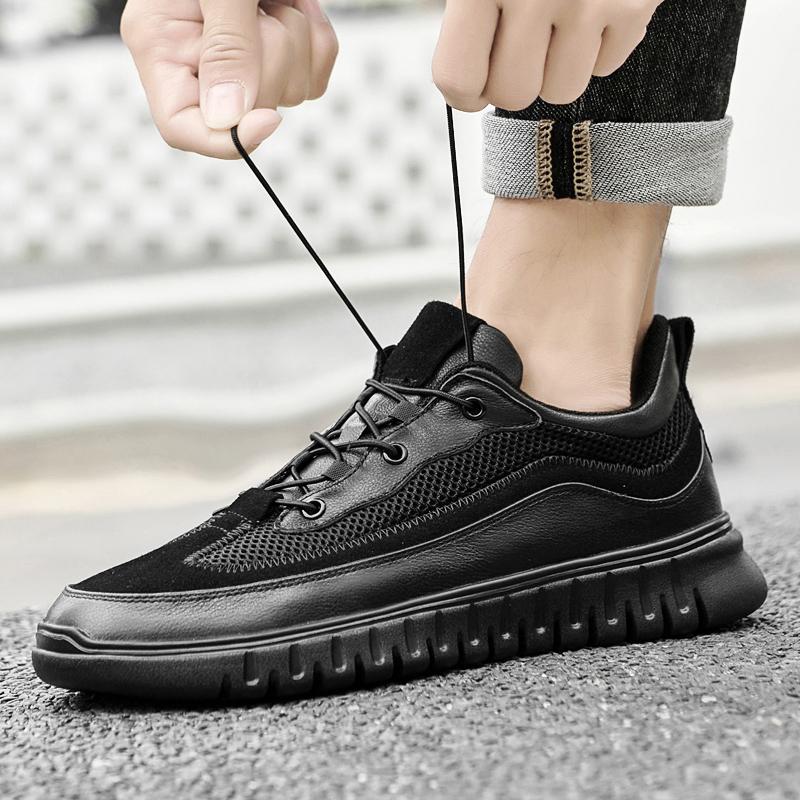 Fashion Trendy Brand Men's Genuine Leather Shoes Breathable Mesh Outdoor Hiking Shoes Simple Versatile Men's Sports Leisure Shoes