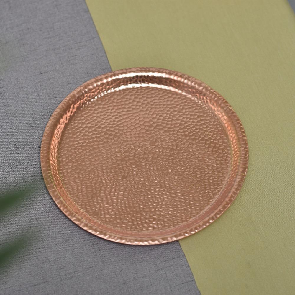 Red Copper Hammer Pattern Round Storage Tray Desk Metal Storage Organizer Organizer Small Items Storage Dishes Home Decor