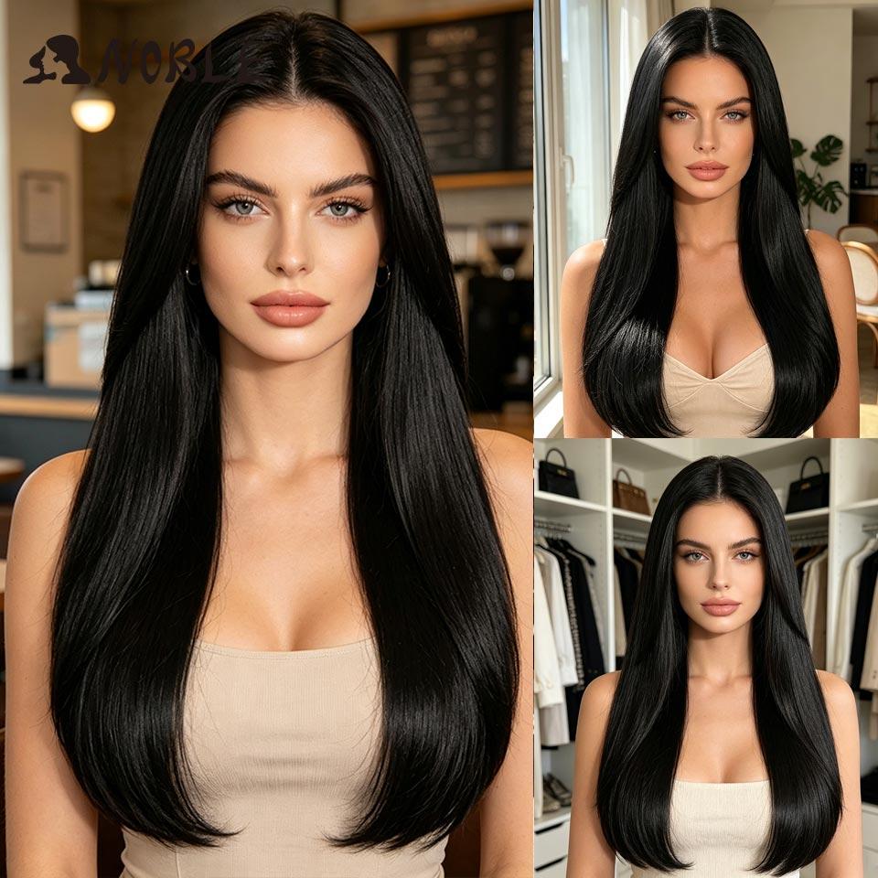 Noble Synthetic Lace Front Wig 24 Inch 9x6 Natural Black Pre-Plucked Glueless Wig Heat Resistant Straight Layered Wig For Wome