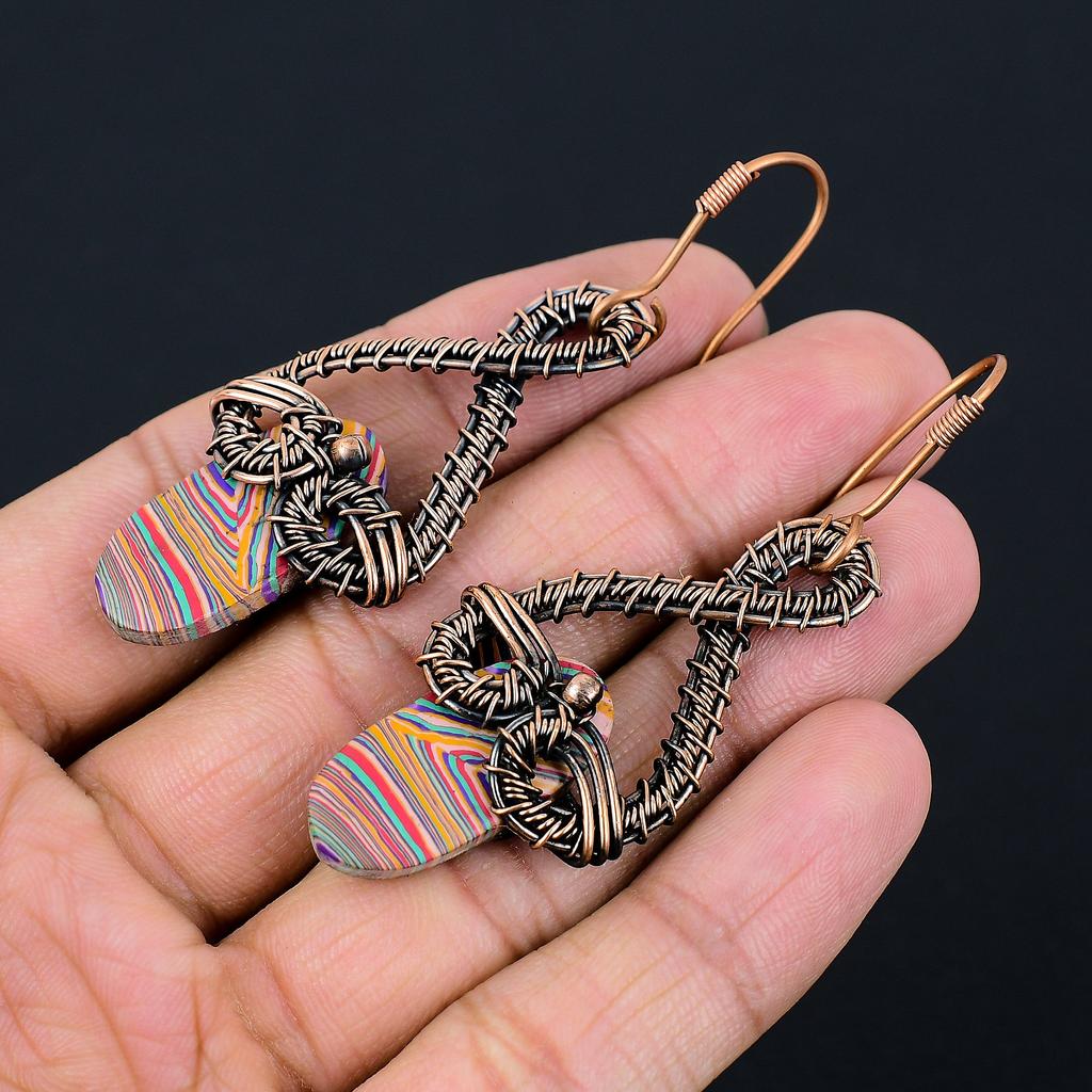 Rainbow Calsilica Handmade Copper Wire Wrap Jewelry Earring 2.76 u7V64
