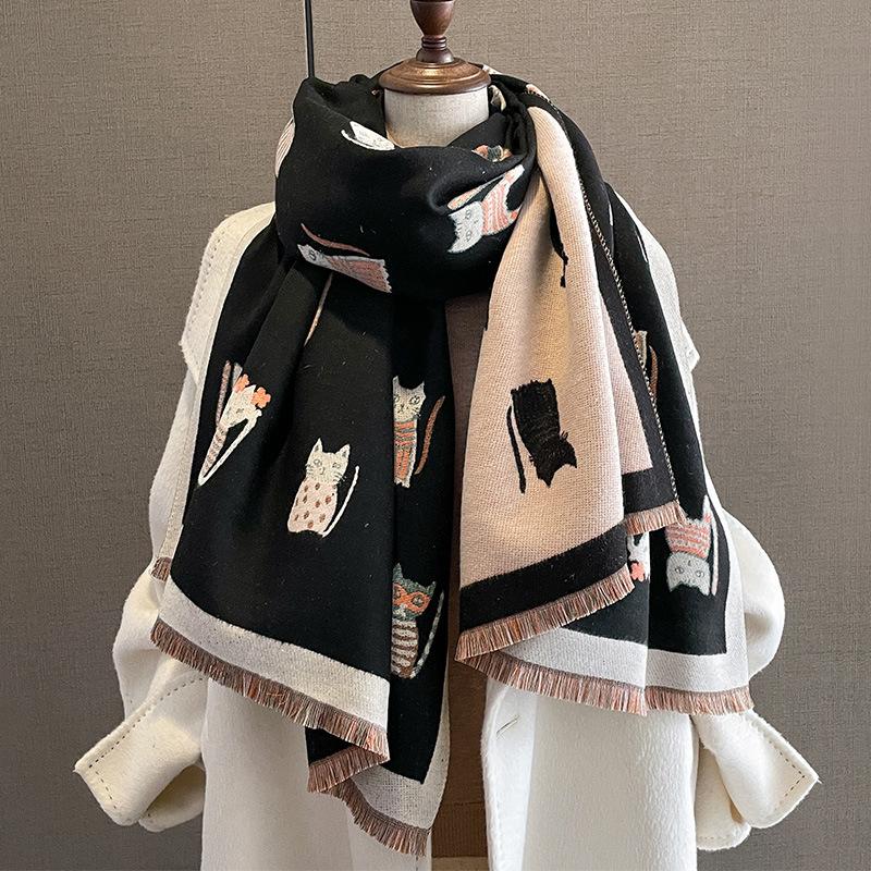 Korejská kočičí móda šála z imitace kašmíru, dámská zimní korejská edice univerzální studentská zahuštěná šála na krk