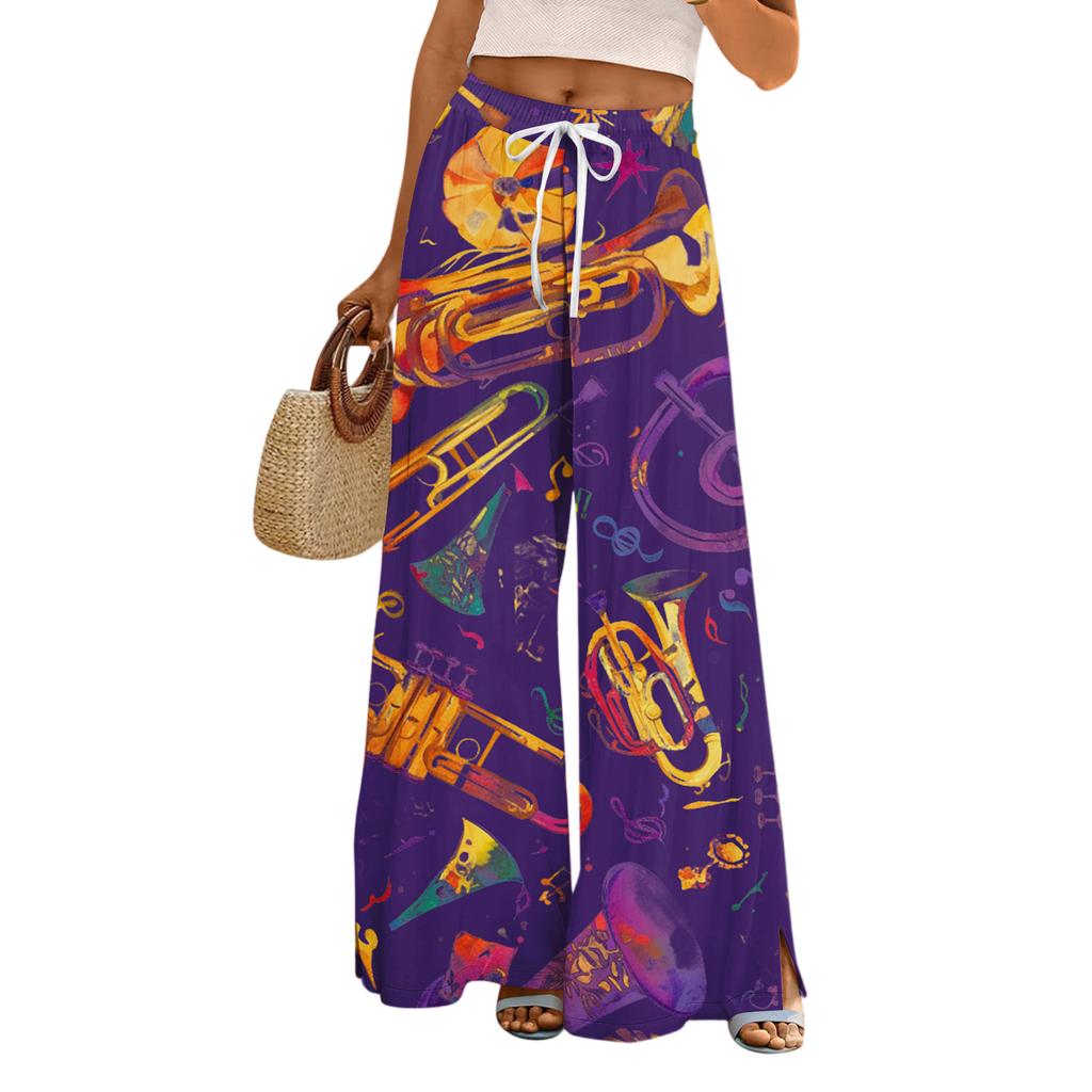 Damskie Luźne i Codzienne Spodnie z Szerokimi Nogawkami z Nadrukiem, z Elastycznym Pasem, Sznurkiem i Kieszeniami