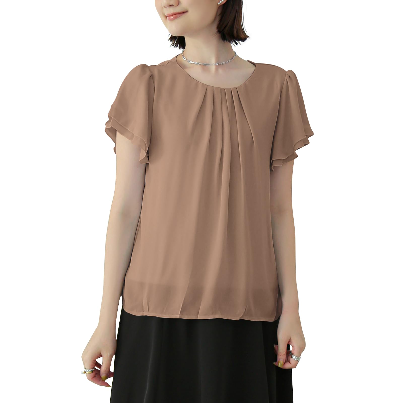 

Блузка Рубашка для Женщин Шифон Рюши Короткий Рукав Блузка Топ Круглый Вырез Летняя Одежда Крой и Пошив с Подкладкой Гладкая Удобная Однотонная Свободного Кроя