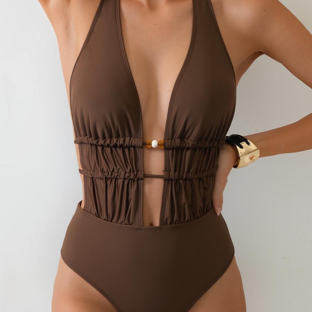 Women's Swimsuit Sexy Solid Color Halter Neck Strappy One-piece Swimsuit Bikini Beachwear