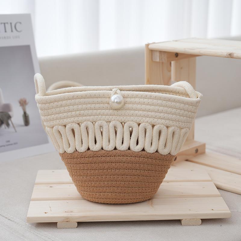 

ins cotton rope fairy pearl buckle bag cute oblique span bag bag seaside beach vacation leisure bag tote bag 12*11*17