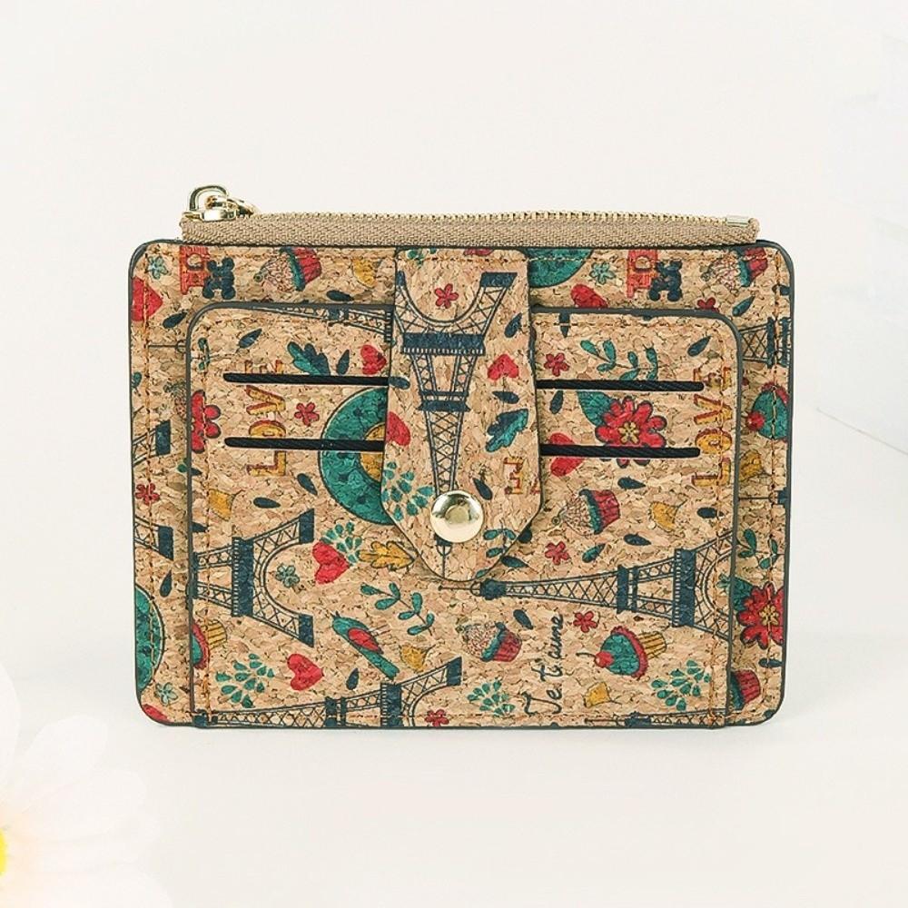 Retro Ethnic Style Coin Purse Multi-slot Cork Wood Credit Card Holder Portable Ultra-thin Zipper Small Wallet