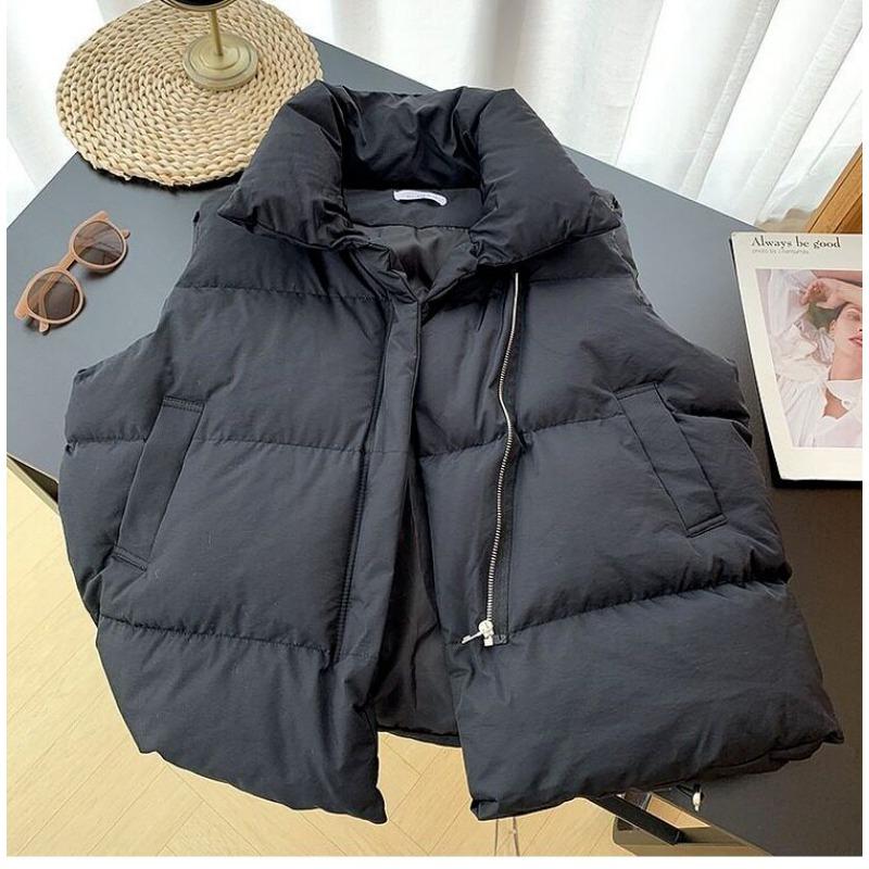 Women Solid Color Loose Stand Collar Sleeveless Vest Casual Autumn Winter Outerwear
