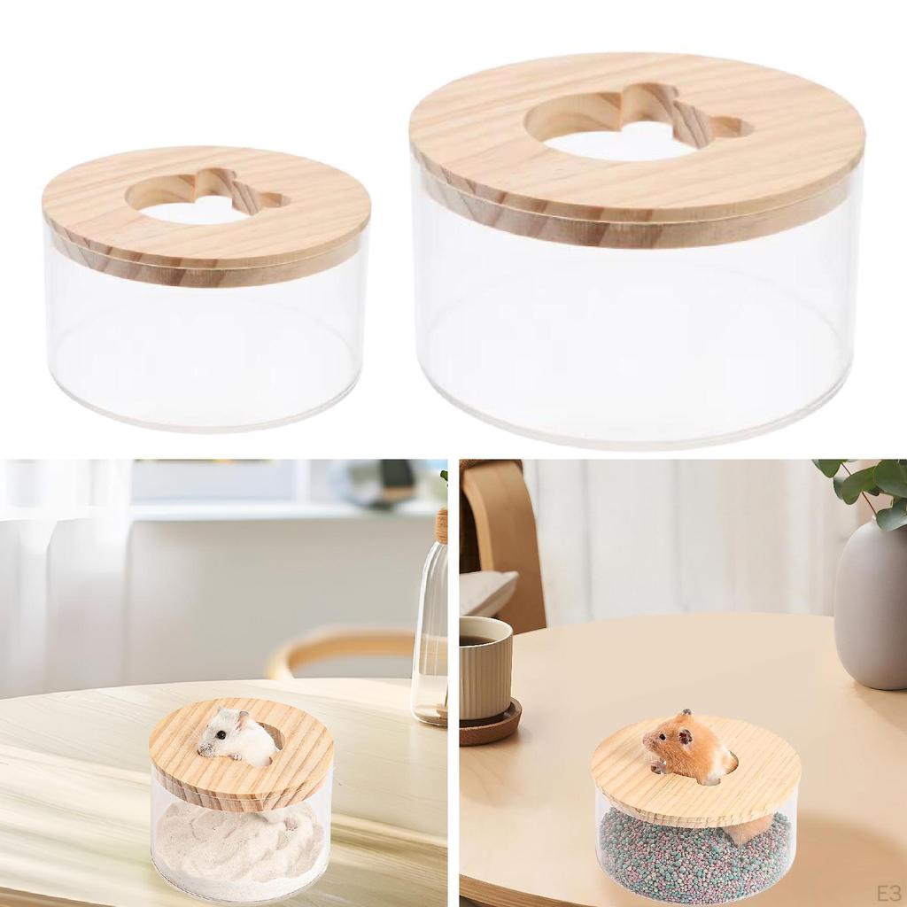 Acrylic Hamster Bath Container with Wooden Cover for Small Animals